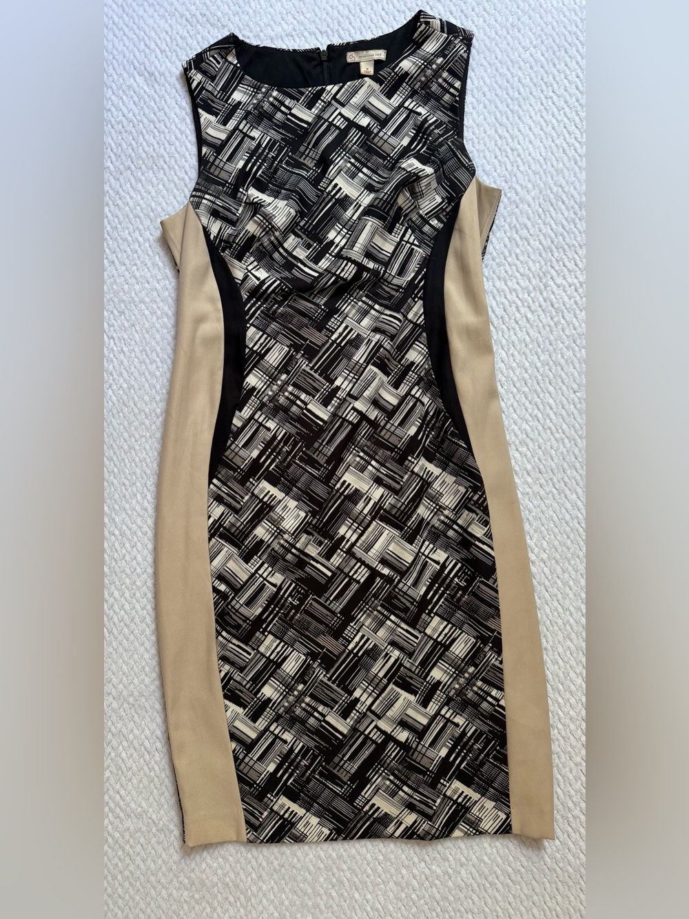 Dress Barn Black, White & Beige Printed Sheath Midi Dress